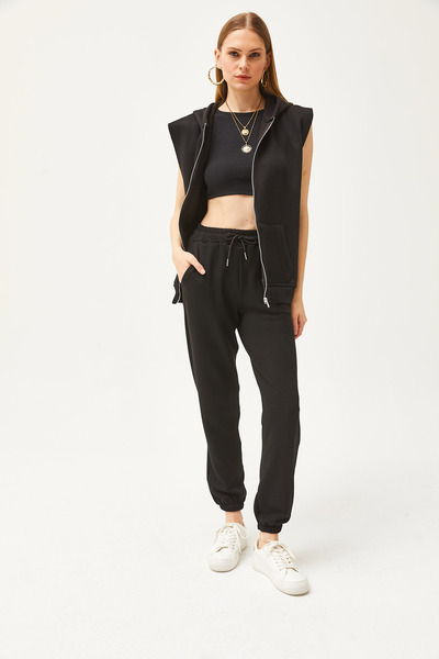 Olalook Women's Black Pocketed Soft Textured Modal Jogger Sweatpants EŞF-00000067