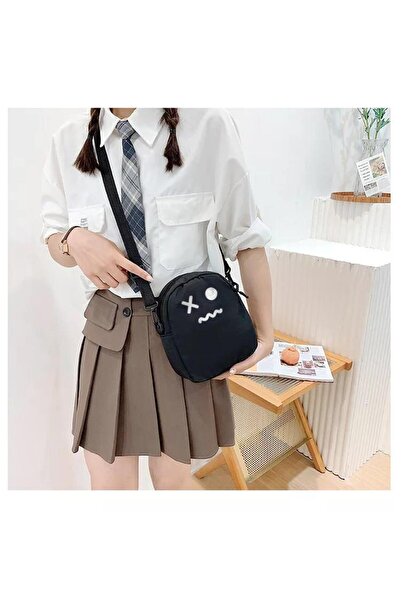 Toum Geantă de umăr neagră, unisex, cu fermoar, imprimată cu față fără expresie