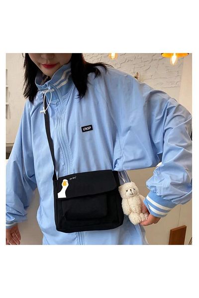 Toum You Okay?Unisex Canvas Black Shoulder Bag with Printed Pocket Detail