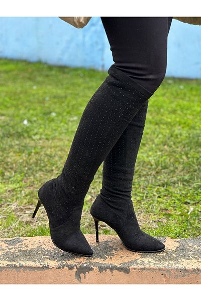İmerShoes Cizme de seară cu toc înalt cu piatră neagră cu vârf ascuțit - Stretch fără fermoar 820