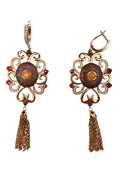 Nisa Gümüş 925 Ayar Gümüş Granat , Süt Mercan ve Zirkon Taşlı Püsküllü Şık Küpe