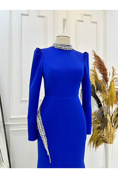RUVİTA Crepe Evening Dress Collar and Belt Stone Detailed Dress Rosa