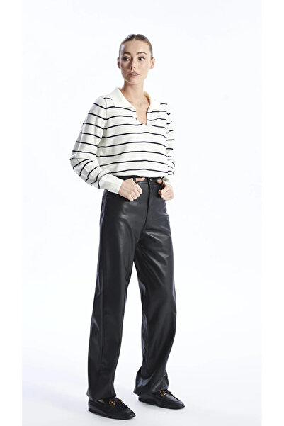 LC Waikiki Gestreifter langärmliger Damen-Strickpullover mit Polokragen