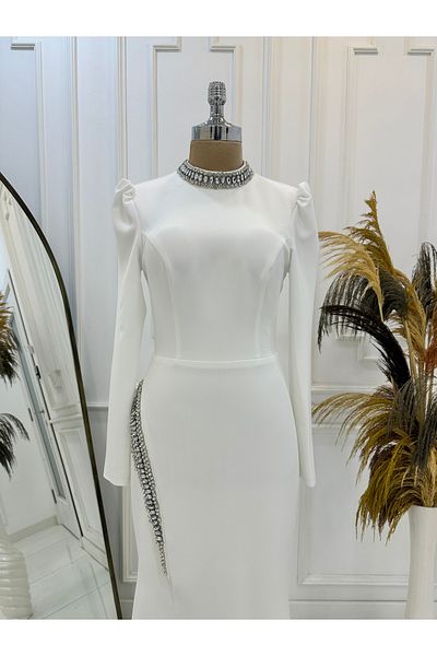 Halezademoda Crepe Evening Dress Collar and Belt Stone Detailed Dress Rosa