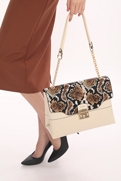 Piedra Beige Anaconda Patterned New Season Women's Bag with Cover and Chain Strap
