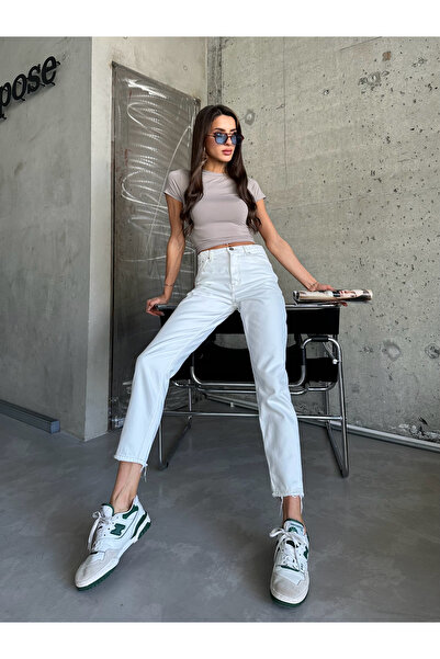 Aysbe JEAN ALB talie înaltă MOM FIT