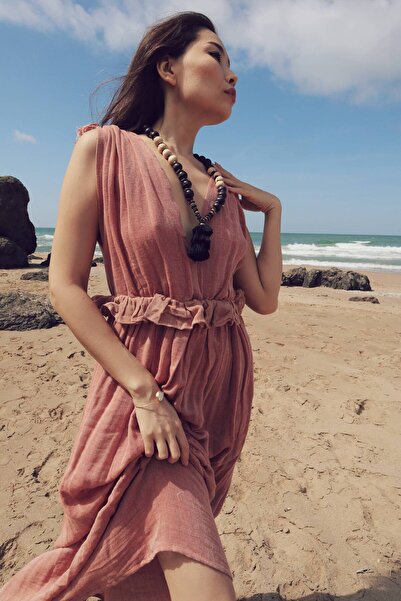 Su Koleksiyon Selene Boho Stil  Muslın Elbıse / Vintage Turuncu