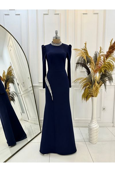 Halezademoda Crepe Evening Dress Collar and Belt Stone Detailed Dress Rosa