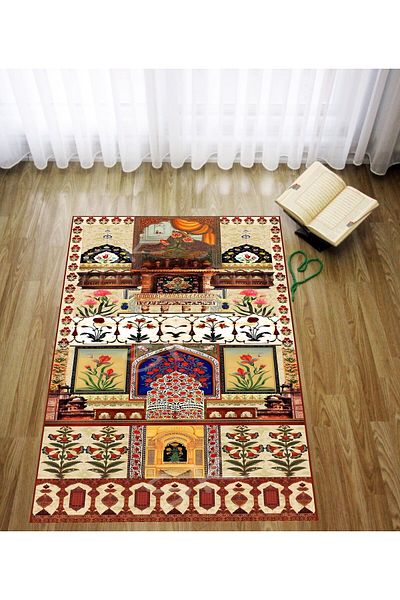 linazaitun Digital Printed Colorful Velvet Textured Washable Non-Slip Base Prayer Rug Prayer Mat