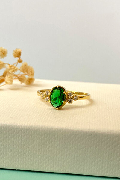 goldberia Oval Zümrüt Renk Taşlı Vintage Gümüş Yüzük