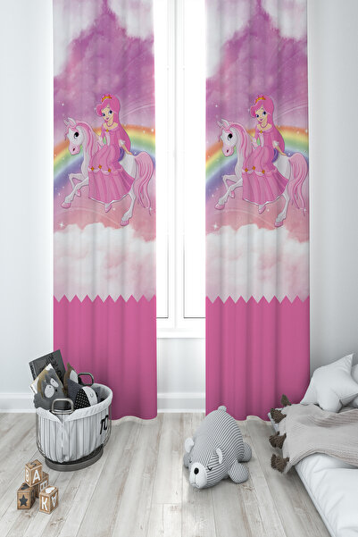 BAMBAŞKA MODA BEBEK VE ÇOCUK ODASI Gökuşağı ve Unicorn Desenli 2 Kanat Fon Perde