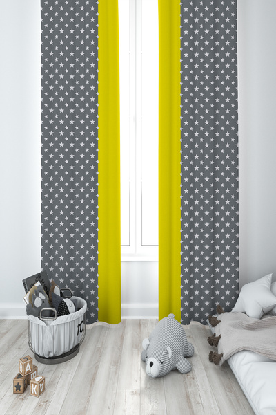 BAMBAŞKA MODA غرفة الأطفال والرضع رمادي أصفر غائم ستار منقوشة 2 أجنحة خلفية