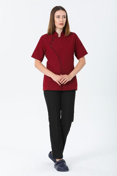 TIPTEKS Women's Comfort Burgundy Short Sleeve Single Cook Jacket - Black Piping