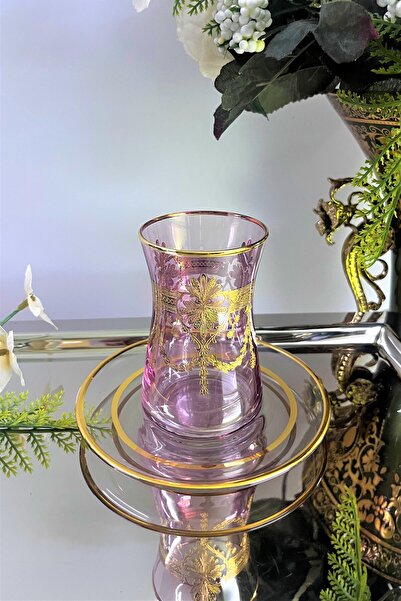 DECOSTYLE Ece Pink Pantograf Embroidered Hand Painted 12 Piece Glass Cup Set