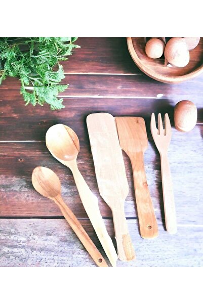 ÇEÇEN HOME (5 Pieces Set) Wooden Wooden Spoon (Large and Small Size) + Wooden Fork + Wooden Spatula + Wooden Spinner