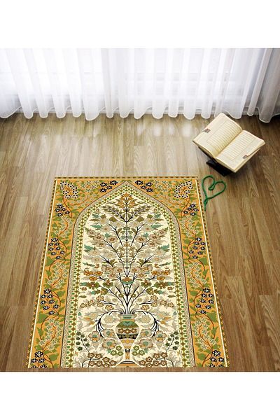 linazaitun Digital Printed Green Flower Pattern Velvet Textured Washable Non-Slip Base Prayer Rug Prayer Rug