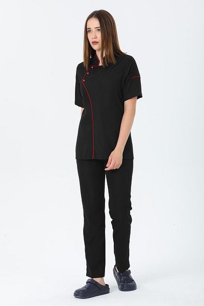 TIPTEKS Women's Comfort Black Short Sleeve Single Cook Jacket - Red Piping
