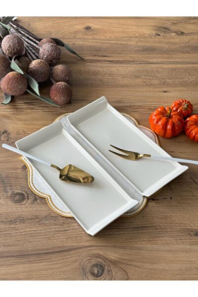 Meri Ev Gereçleri RECTANGULAR SERVICE PLATE WITH PORCELAIN HANDLE 2-PACK