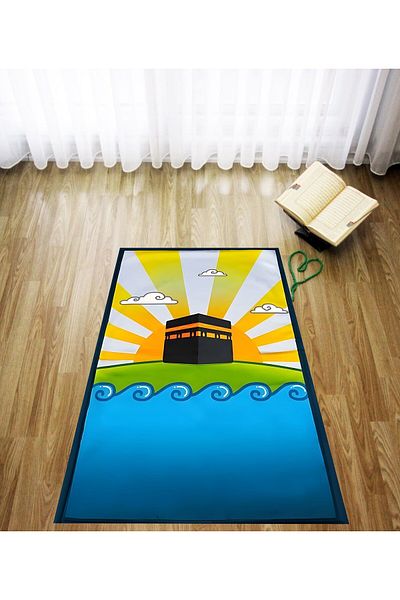 linazaitun Digital Printed Kaaba Motif Velvet Textured Washable Non-Slip Base Children's Prayer Carpet Prayer Rug