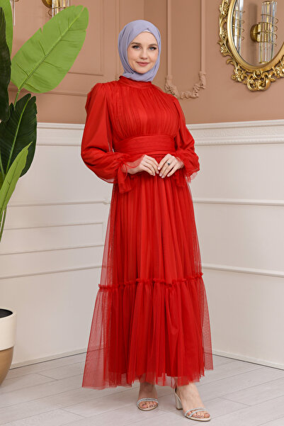 Matik Abiyem Esnek Tül Tasarım Denye Astarlı Tesettür Elbise Abiye