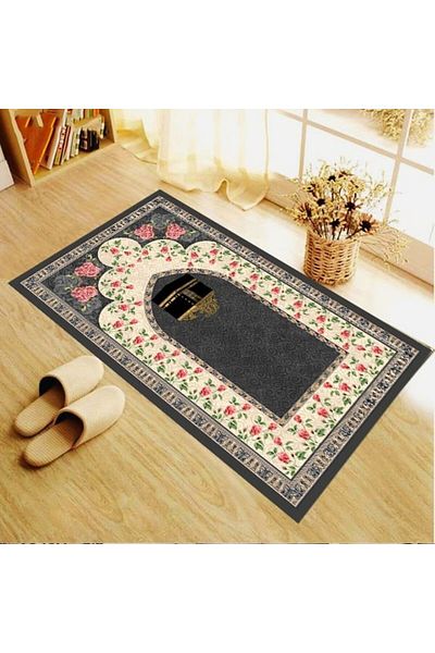 Latibule Digital Printed Kaaba Patterned Velvet Textured Washable Non-Slip Base Prayer Rug Prayer Rug