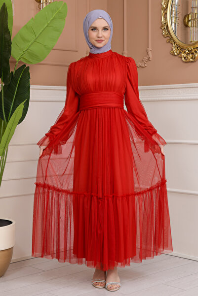 Matik Abiyem Esnek Tül Tasarım Denye Astarlı Tesettür Elbise Abiye