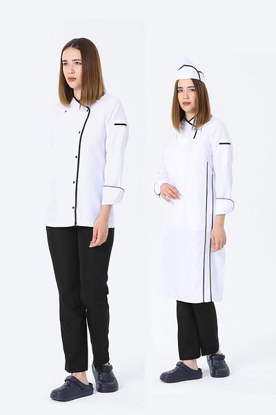 TIPTEKS Women's Classic Long Sleeve White Cook Jacket Strap Apron and Cap - Black Piping / Black Pants Set of Four