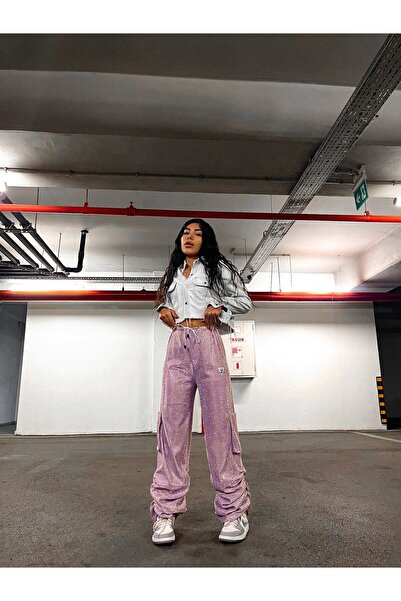 Gülşah Evecen Özel Tasarım Toz Pembe Simli Büzgü Paça Cargo Eşofman