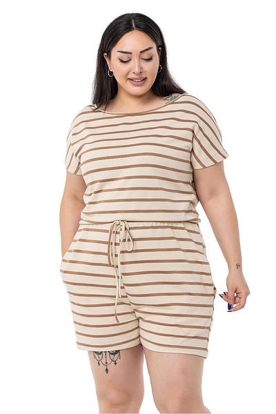 DISENTIS MODEST Plus Size Low Sleeve Elastic Waist Pocket Mink Striped Shorts Jumpsuit