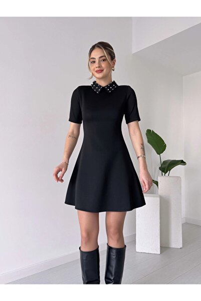 HARMONY GLOBAL Scuba Fabric Flared Mini Dress with Jewelled Collar Di4134