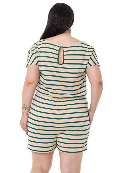 DISENTIS MODEST Low Sleeve Elastic Waist Pocket Emerald Striped Shorts Jumpsuit