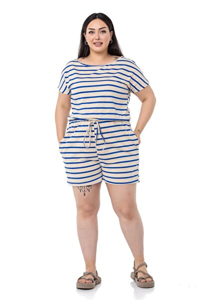 DISENTIS MODEST Plus Size Low Sleeve Elastic Waist Pocket Saks Blue Striped Shorts Jumpsuit