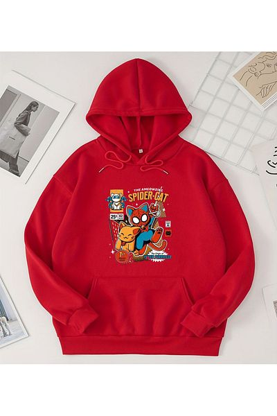 BLACKMAYS Multicolor Spider cat Printed Oversize Hooded Sweatshirt unisex hoodie