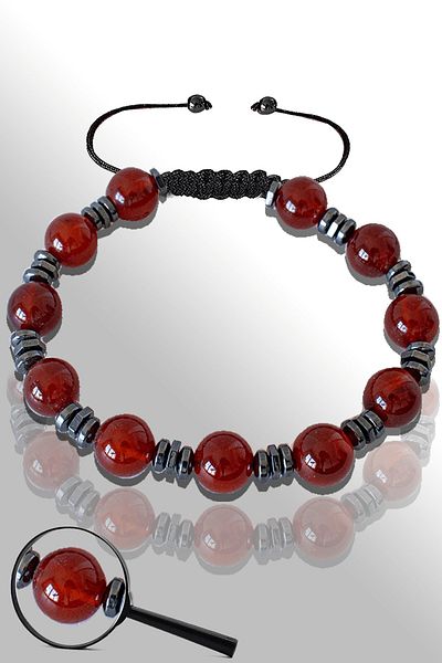 Tesbih Atölyesi Certified Natural Red Yemen Agate Stone Bracelet with Hematite - Adjustable
