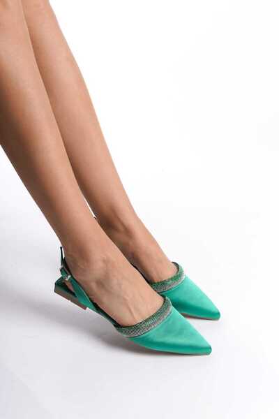 CİMİLİ SHOES γυναικεία μπαλαράκια νεροπράσινη πέτρα σατέν Άνετη σόλα με μυτερή μύτη