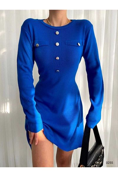 dükkan10butika Rochie de tricot pentru damă, cu mânecă lungă, cu gât rotund, cu nasturi, Saks Blue