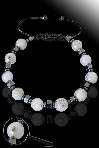 Tesbih Atölyesi Certified Natural White Agate Stone Bracelet with Hematite - Adjustable