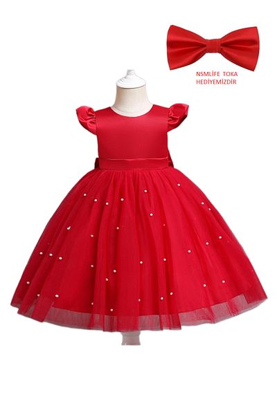 NSMLİFE Girl's RED Bow Detailed Pearled Graduation Birthday Party Dress Princess Dress