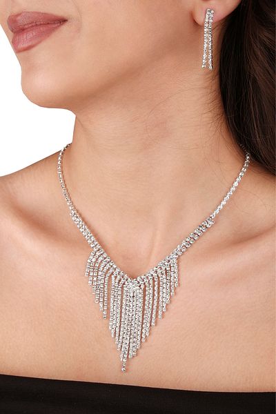 Hayalperest boncuk Mia Elegant and Shiny Crystal Jewelled Dangle Evening Dress Necklace and Earring Set