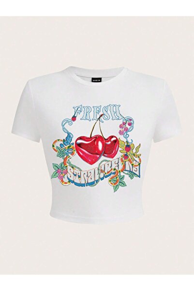 Jose Clothing Bluză crop cu mânecă scurtă cu imprimeu alb pentru femei