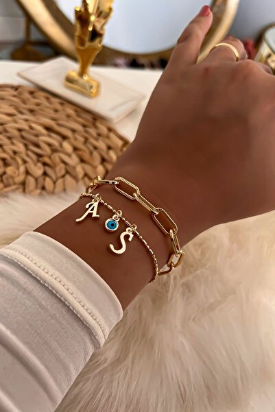 Trendy Butik يمكن اختيار الحروف الأولى باللون الذهبي مجموعة سوار سلسلة مفصلة بعين الشر 38