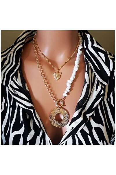 Bijustore Sedef Doğal Taş & Aslan Başı & Ikili Kombin Kadın Kolye