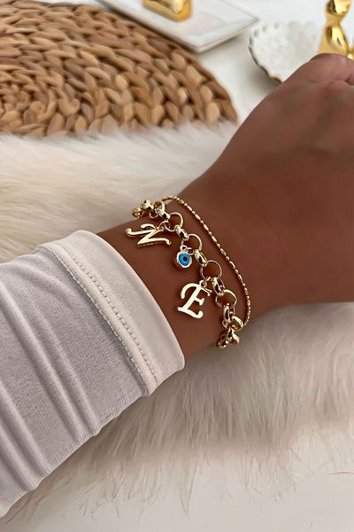 Trendy Butik يمكن اختيار الحروف الأولى باللون الذهبي مجموعة سوار سلسلة مفصلة بتفاصيل عين الشر 25