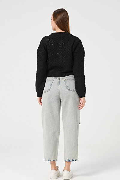 PUNKY CAT Жіночий чорний ажурний кардиган з ґудзиками та сітчастим плетінням