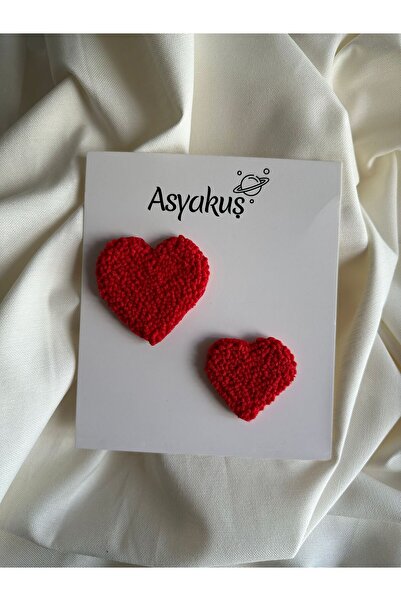 asyakuş Efsarstudio Handmade Kırmızı Kalp Punch Nakışı Anne Kız Klips Toka Seti