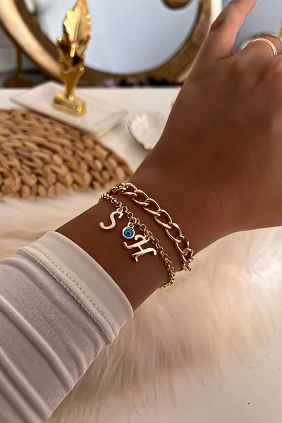 Trendy Butik يمكن اختيار الحروف الأولى باللون الذهبي مجموعة سوار سلسلة مفصلة بعين الشر 32
