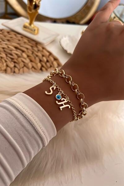 Trendy Butik يمكن اختيار الحروف الأولى باللون الذهبي مجموعة سوار سلسلة مفصلة ...