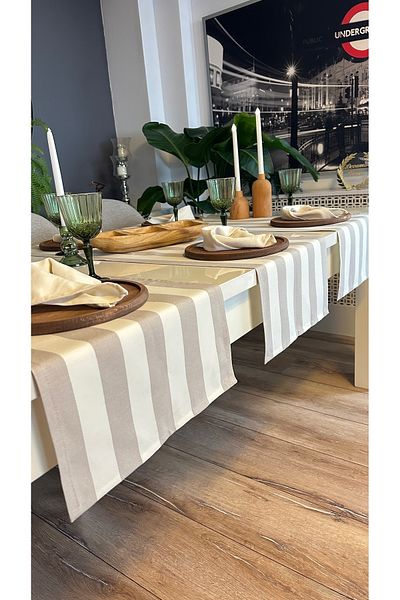 Decamor home Μπεζ ριγέ λινό Runner Ανέμελος ανθεκτικός στους λεκέδες