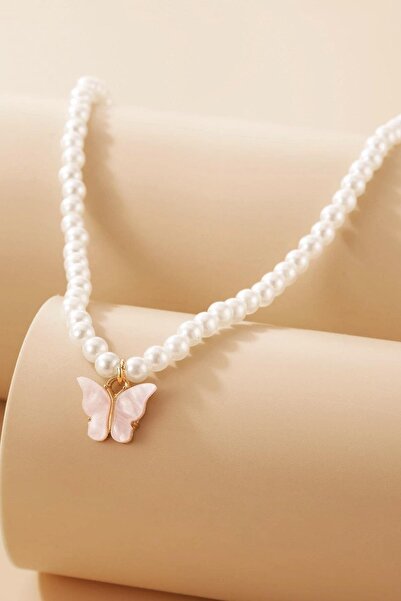 New Obsessions Butterfly Pendant Glass Pearl Necklace