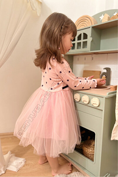 penu baby kids Pembe Puantiyeli Tütülü Uzun Kol Kız Bebek Elbise - Emily